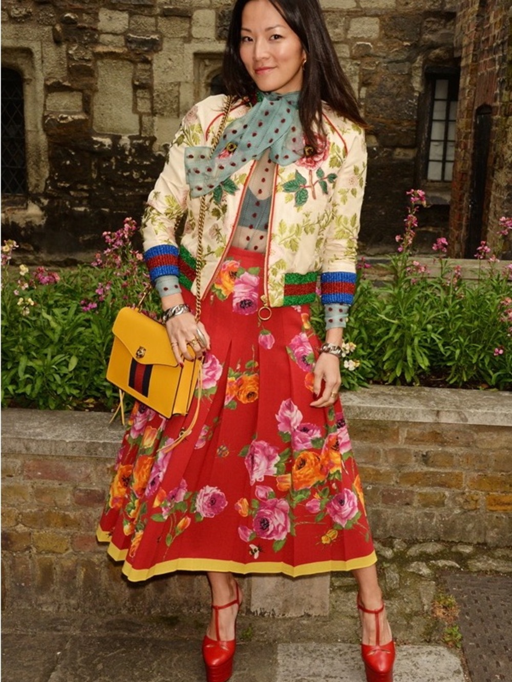 Gucci Red Floral Midi Dress with Cream Embroidered Jacket
